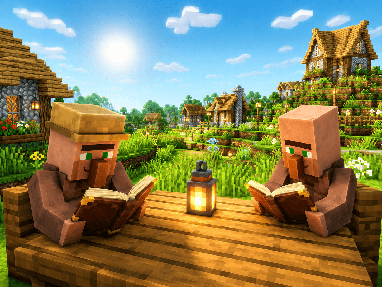 Minecraftowa wioska z villagerami czytającymi książki